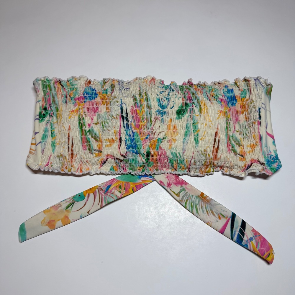 Salt Life Womens Smocked Bandeau Bikini Top Tropical Floral Print Cream Large